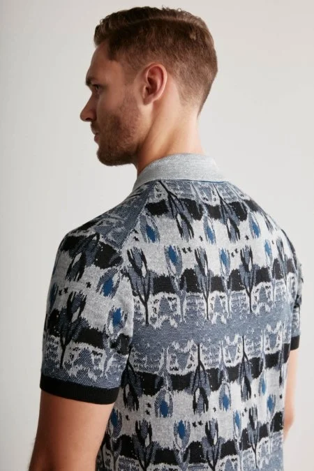 Çiçek Desen Keten Pamuk Lacivert Triko Polo