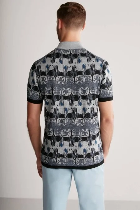 Çiçek Desen Keten Pamuk Lacivert Triko Polo