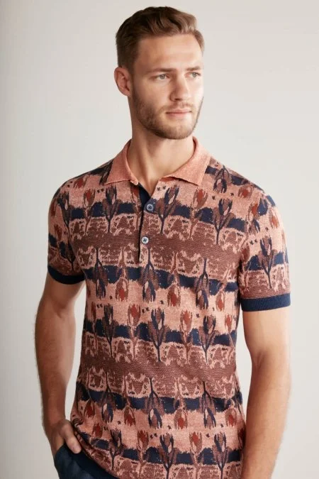 Çiçek Desen Keten Pamuk Turuncu Triko Polo