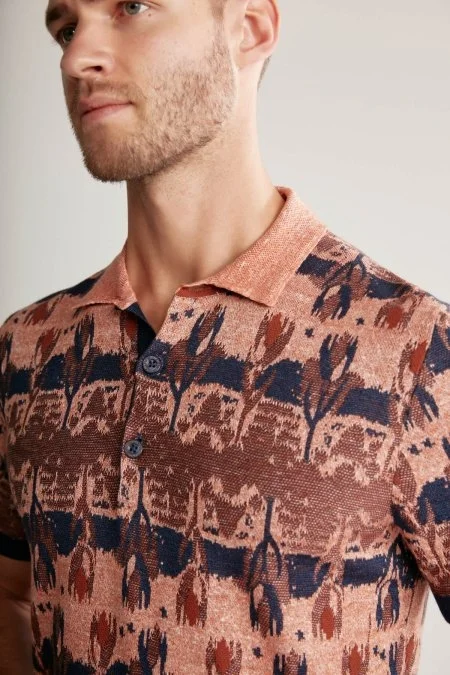 Çiçek Desen Keten Pamuk Turuncu Triko Polo