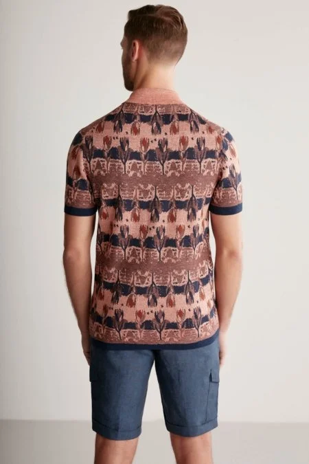 Çiçek Desen Keten Pamuk Turuncu Triko Polo