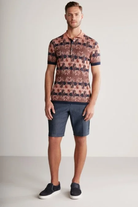 Çiçek Desen Keten Pamuk Turuncu Triko Polo