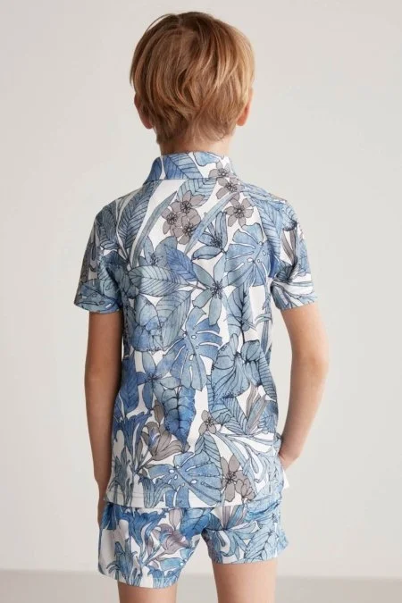 Çiçek Desen Mavi Polo Yaka Çocuk T-Shirt