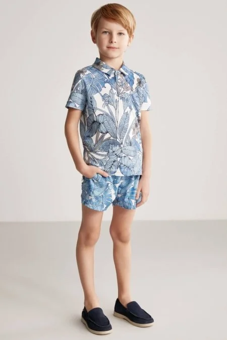 Çiçek Desen Mavi Polo Yaka Çocuk T-Shirt
