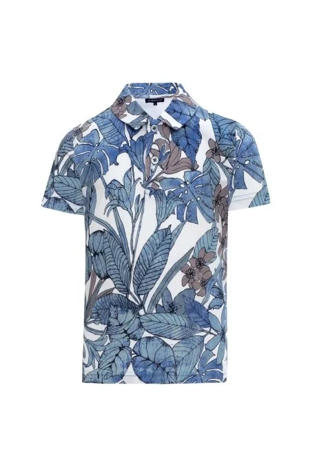 Çiçek Desen Mavi Polo Yaka Çocuk T-Shirt