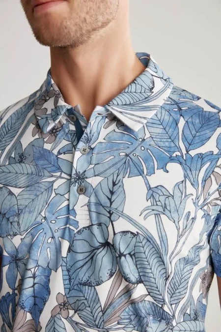 Çiçek Desen Mavi Polo Yaka T-Shirt