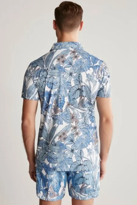 Çiçek Desen Mavi Polo Yaka T-Shirt