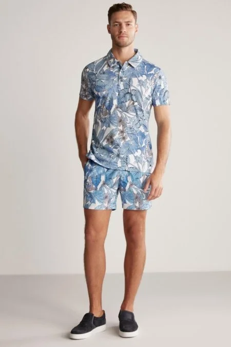 Çiçek Desen Mavi Polo Yaka T-Shirt