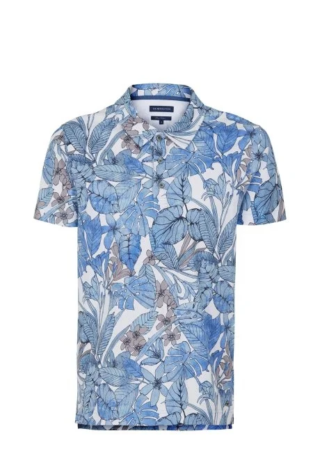 Çiçek Desen Mavi Polo Yaka T-Shirt