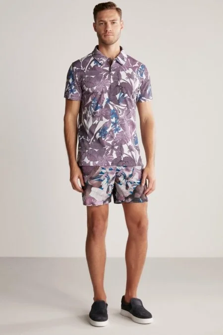 Çiçek Desen Mor Polo Yaka T-Shirt