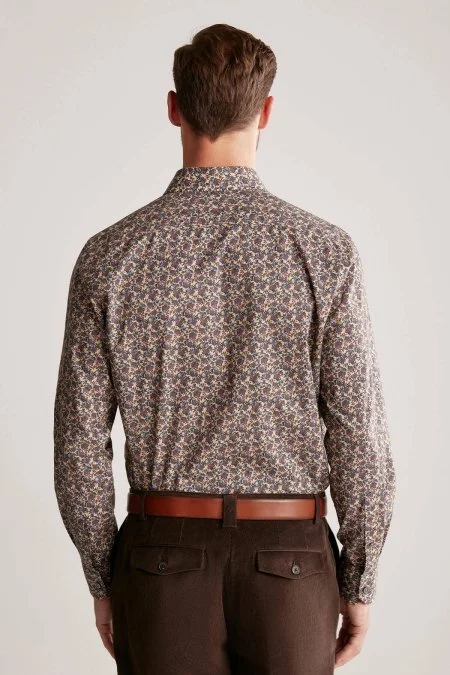 Çiçek Desen Saf Pamuk Camel Gömlek