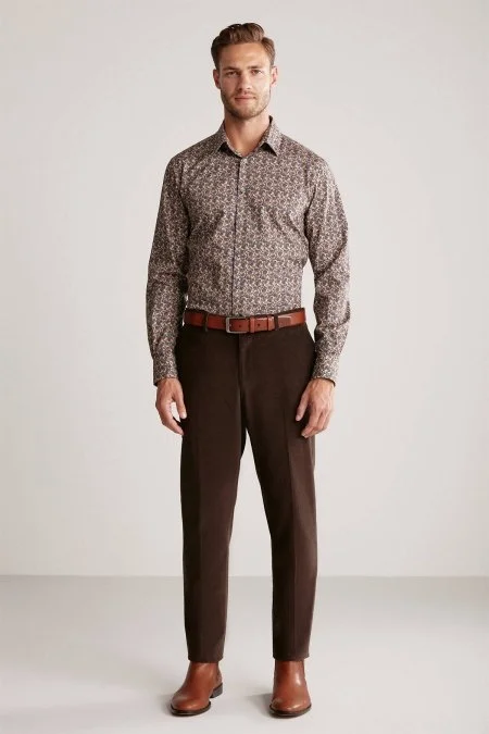 Çiçek Desen Saf Pamuk Camel Gömlek