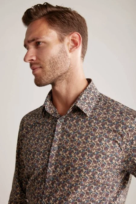 Çiçek Desen Saf Pamuk Camel Gömlek