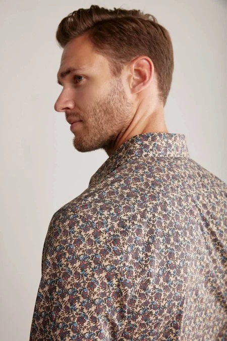 Çiçek Desen Saf Pamuk Camel Gömlek