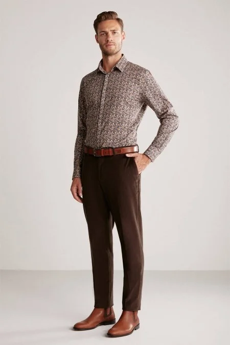 Çiçek Desen Saf Pamuk Camel Gömlek