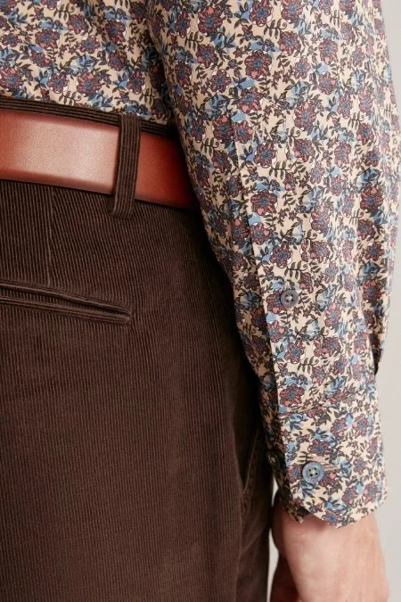 Çiçek Desen Saf Pamuk Camel Gömlek