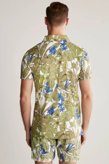 Çiçek Desen Yeşil Polo Yaka T-Shirt