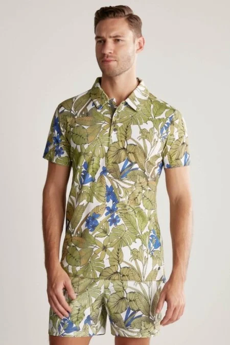 Çiçek Desen Yeşil Polo Yaka T-Shirt