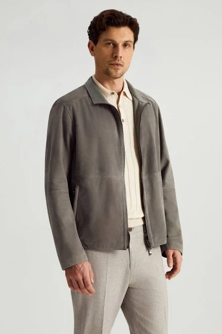 Çift Taraflı Giyilebilir Gerçek Deri Açık Gri Spor Ceket