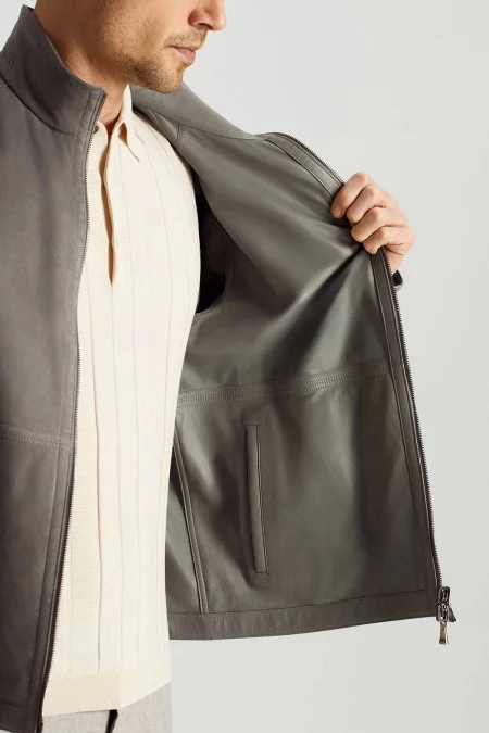 Çift Taraflı Giyilebilir Gerçek Deri Açık Gri Spor Ceket