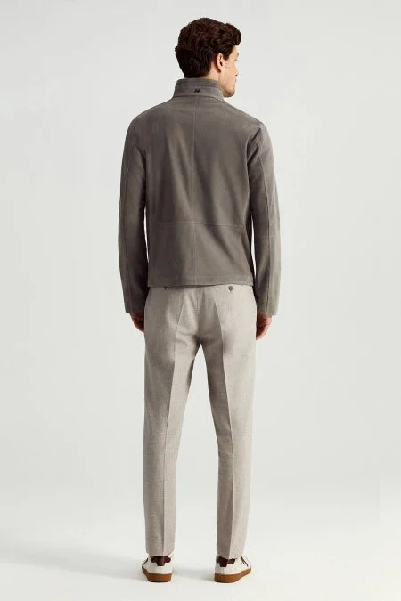 Çift Taraflı Giyilebilir Gerçek Deri Açık Gri Spor Ceket