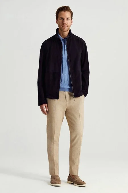 Çift Taraflı Giyilebilir Gerçek Deri Lacivert Spor Ceket