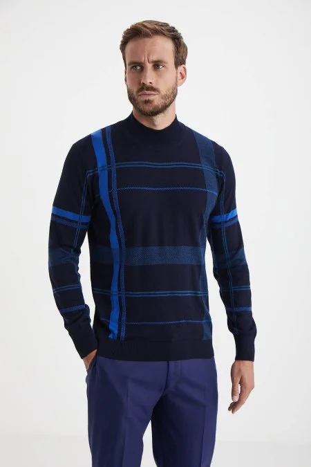 Çizgi Desen Lupetto Yaka Lacivert Merino Yün Triko