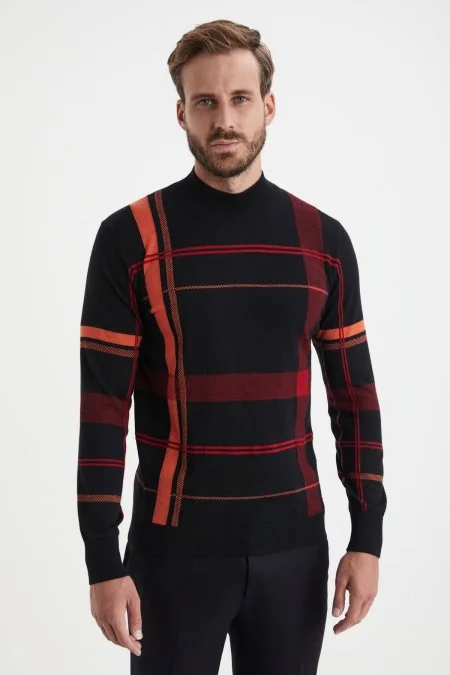 Çizgi Desen Lupetto Yaka Siyah Merino Yün Triko