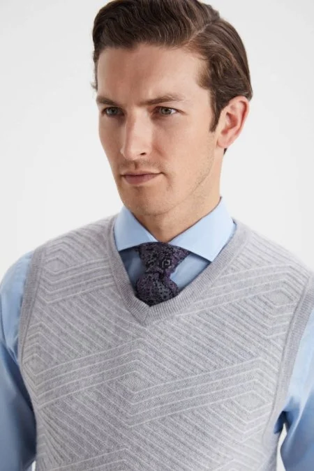 Çizgi Desen Açık Gri Lambswool Yün Triko Süveter