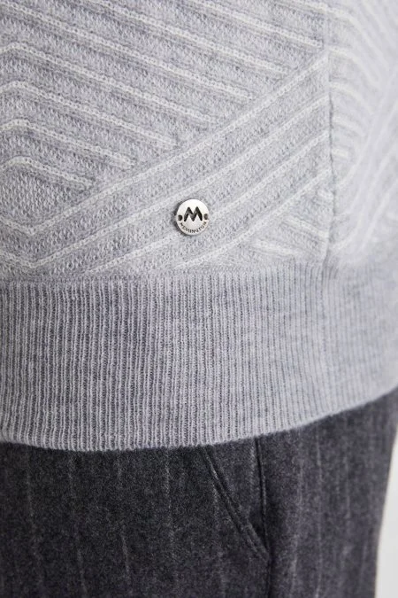 Çizgi Desen Açık Gri Lambswool Yün Triko Süveter