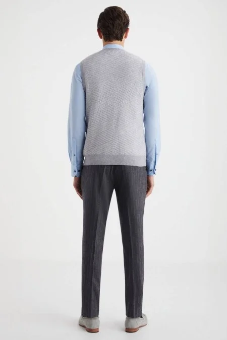 Çizgi Desen Açık Gri Lambswool Yün Triko Süveter