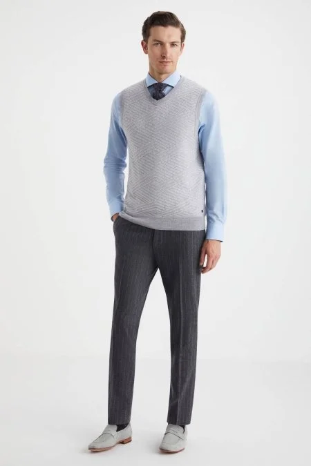 Çizgi Desen Açık Gri Lambswool Yün Triko Süveter