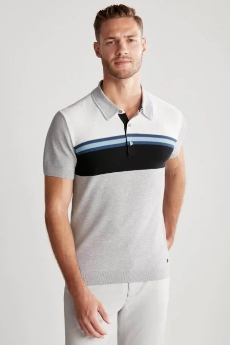 Çizgi Desen Açık Gri Triko Polo