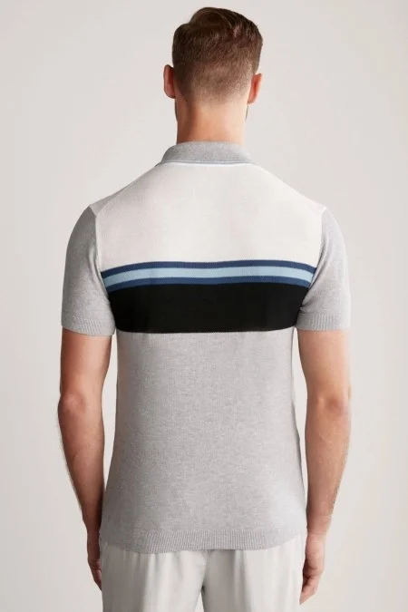Çizgi Desen Açık Gri Triko Polo