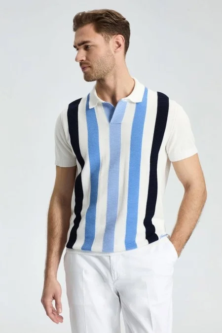 Çizgi Desen Beyaz Mavi Giza Pamuk Triko Polo