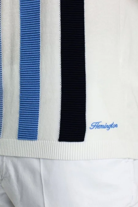 Çizgi Desen Beyaz Mavi Giza Pamuk Triko Polo