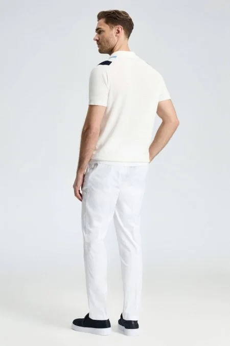 Çizgi Desen Beyaz Mavi Giza Pamuk Triko Polo