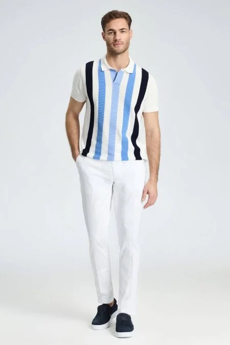 Çizgi Desen Beyaz Mavi Giza Pamuk Triko Polo