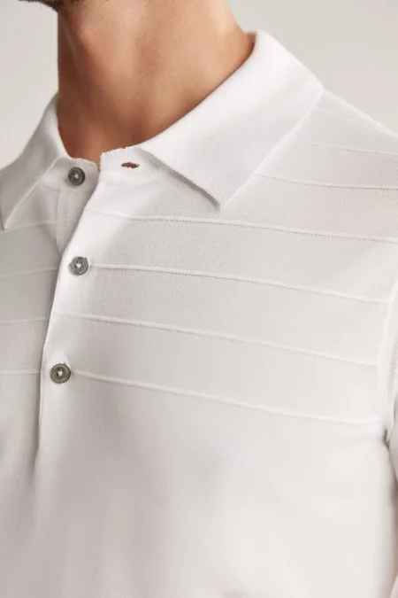 Çizgi Desen Beyaz Merserize Pamuk Triko Polo