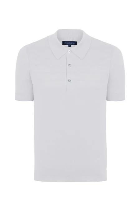 Çizgi Desen Beyaz Merserize Pamuk Triko Polo