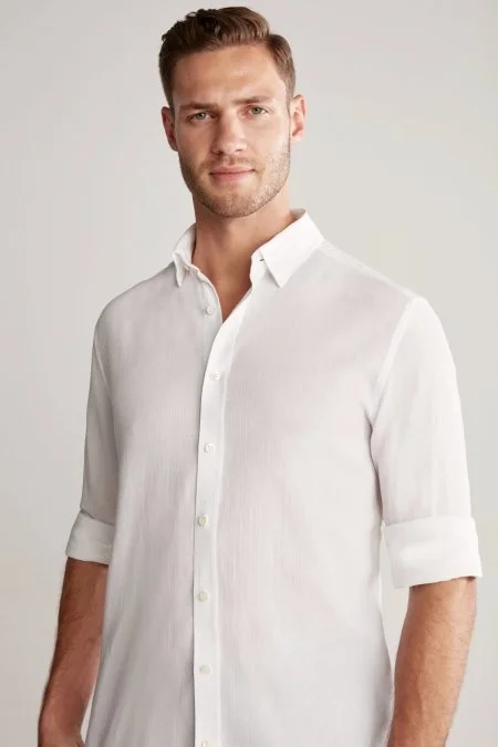 Çizgi Desenli Beyaz Saf Pamuk Gömlek