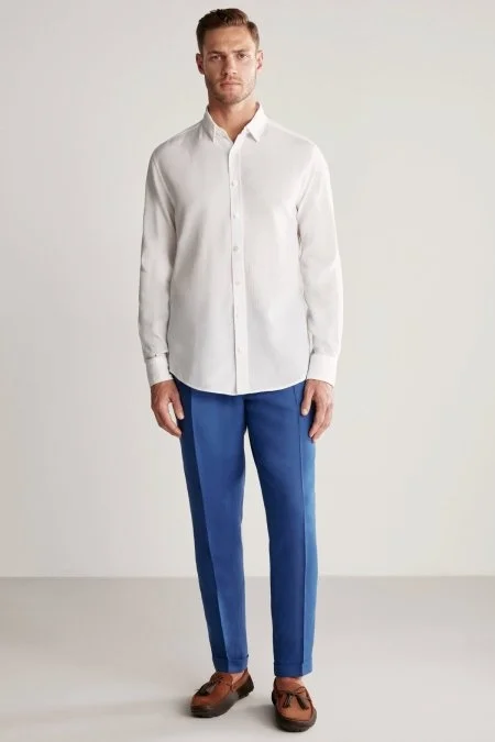 Çizgi Desenli Beyaz Saf Pamuk Gömlek