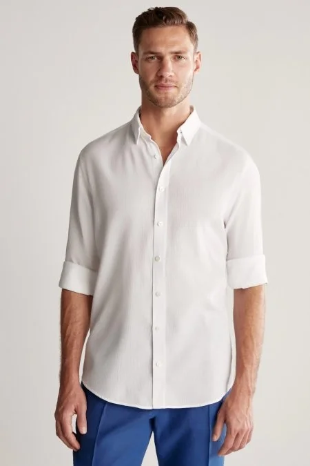 Çizgi Desenli Beyaz Saf Pamuk Gömlek