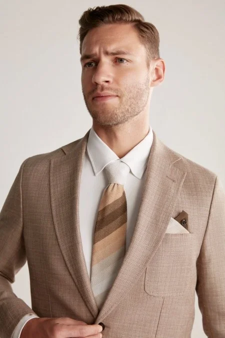 Çizgi Desen Camel Beyaz Örgü Kravat