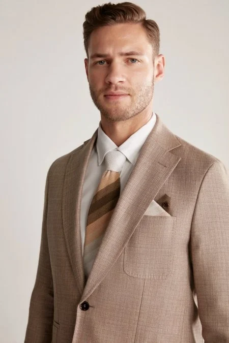 Çizgi Desen Camel Beyaz Örgü Kravat