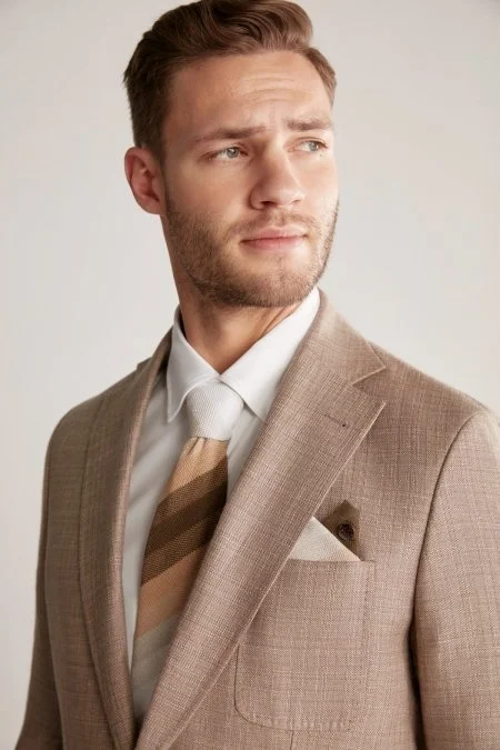 Çizgi Desen Camel Beyaz Örgü Mendil