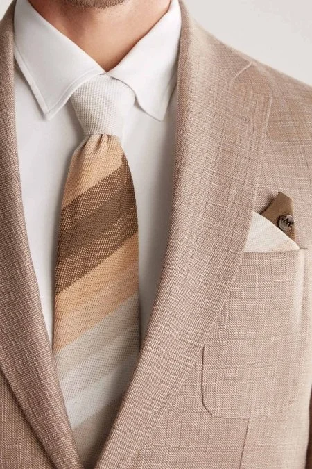 Çizgi Desen Camel Beyaz Örgü Mendil