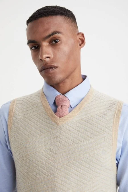 Çizgi Desen Camel Lambswool Yün Triko Süveter