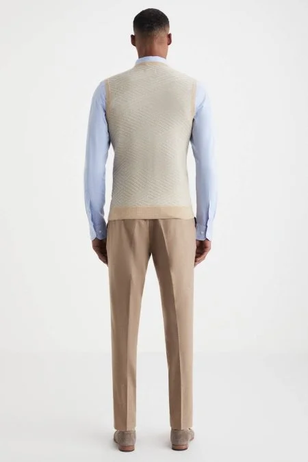 Çizgi Desen Camel Lambswool Yün Triko Süveter