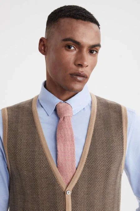 Herringbone Desen Camel Extrafine Merino Triko Yelek